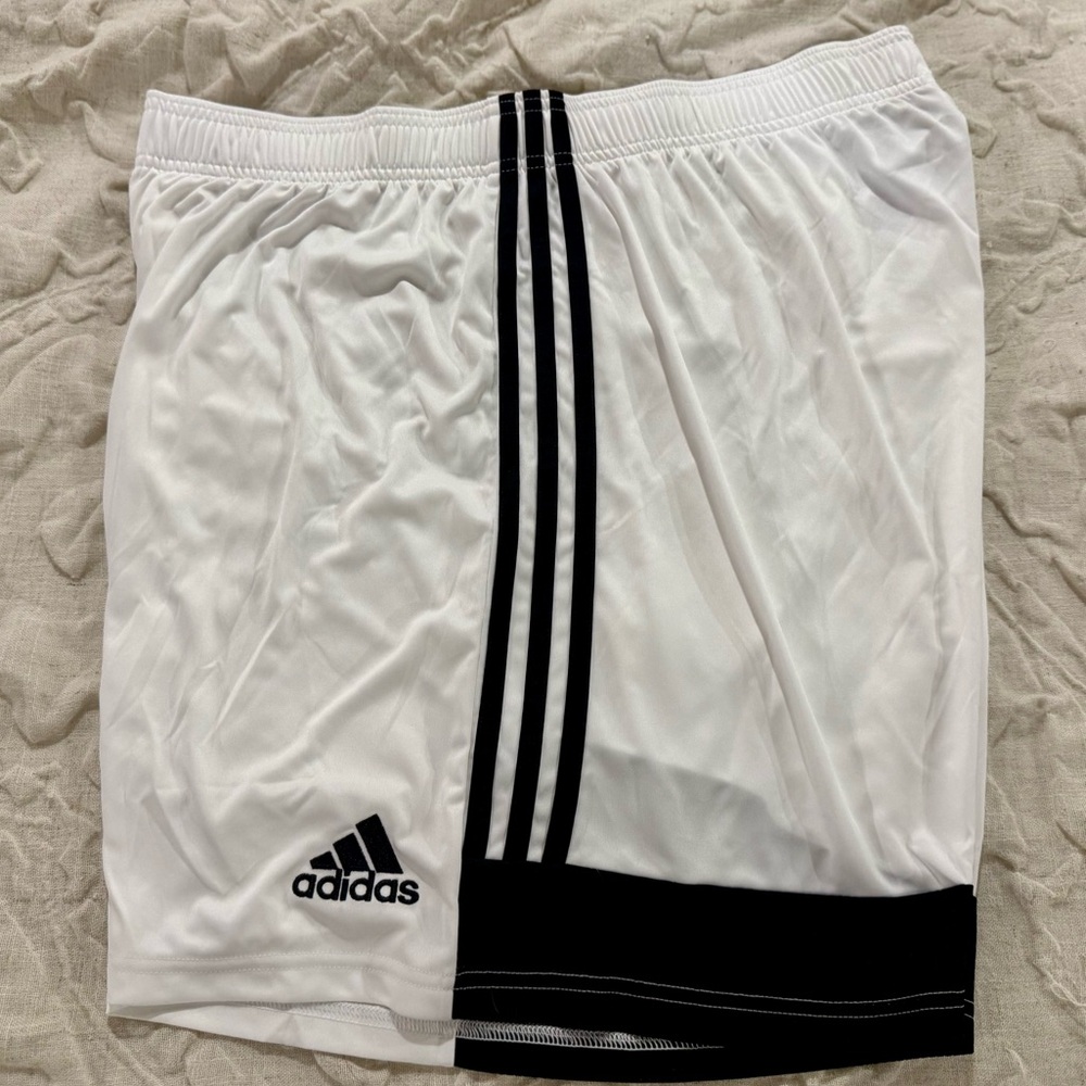 Adidas White and Black Athletic Shorts with Three-Stripe Design
